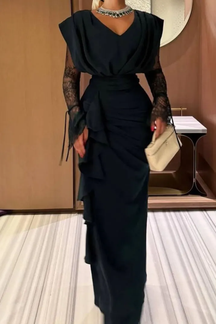 Lace Sleeve Spliced Pleated Maxi Dress