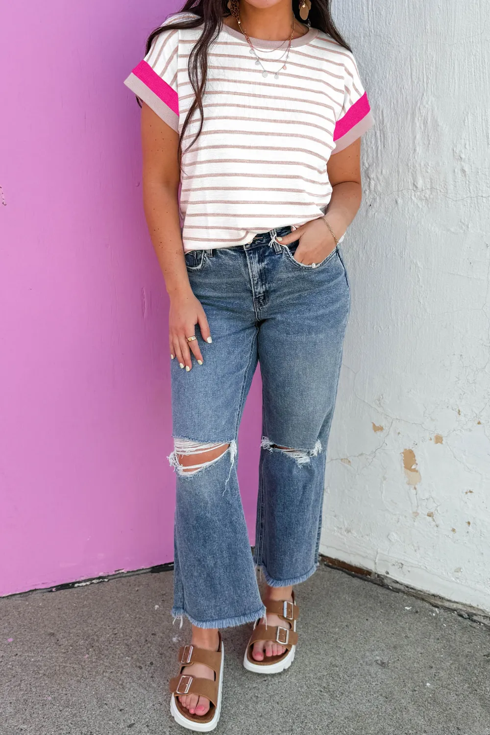 Khaki Stripe Block Trim Round Top