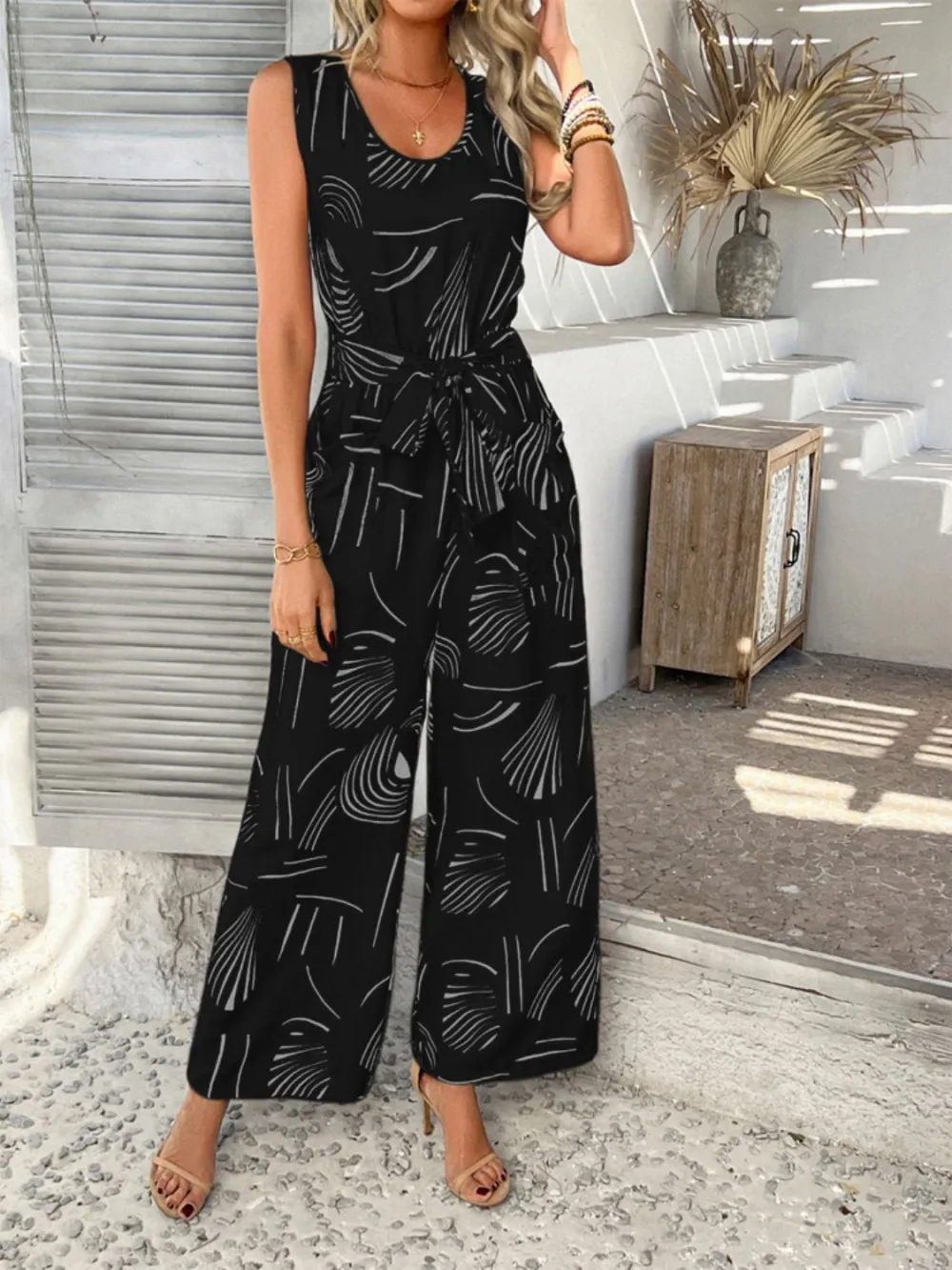 Devine Round Neck Sleeveless Tie Waist Jumpsuit