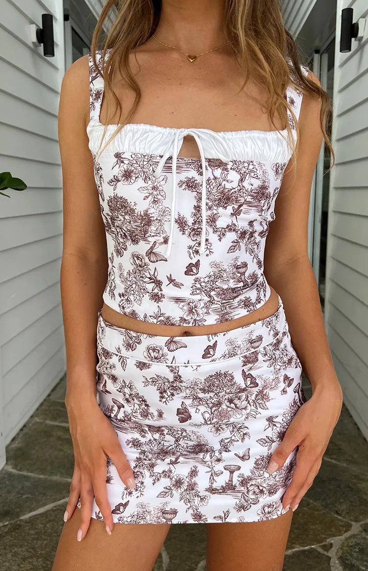 Brown Floral Print Mini Skirt