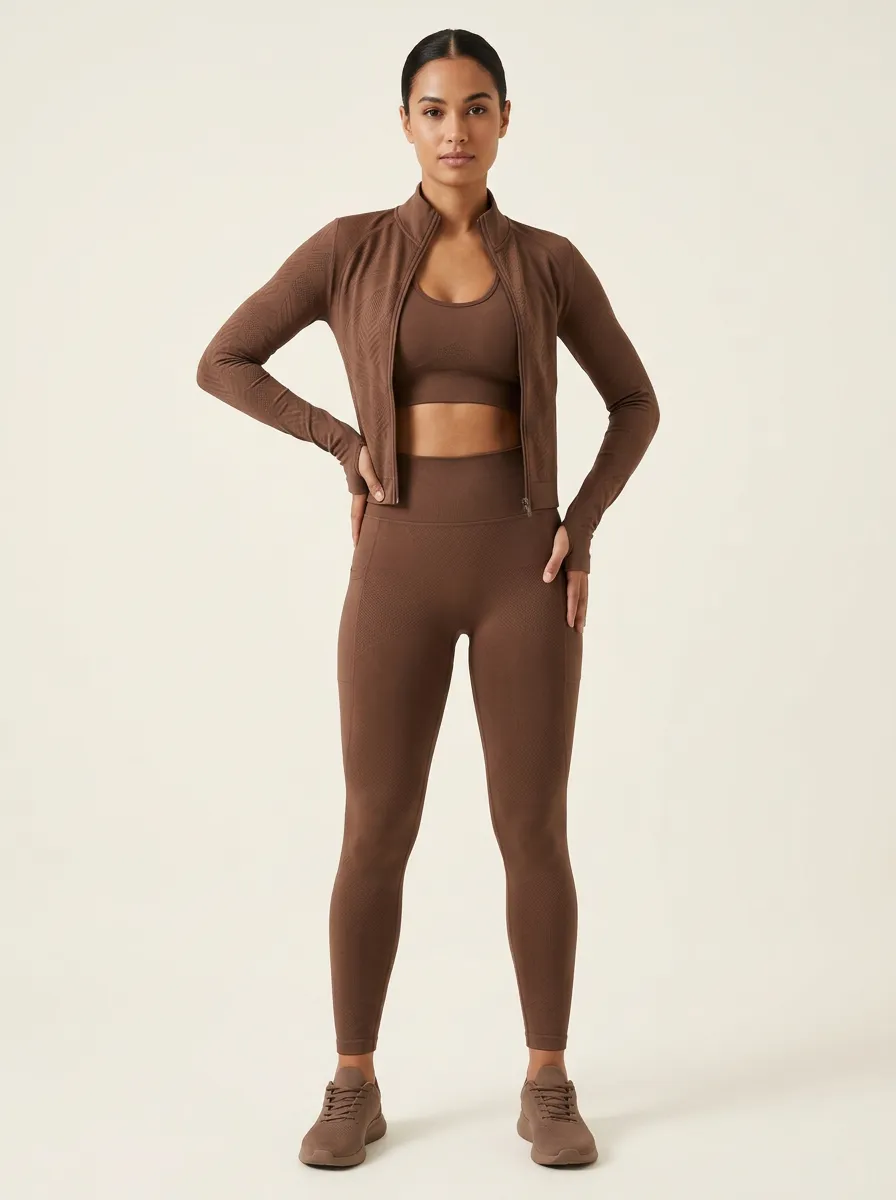 Performance-Inspired Textured Detail Seamless Design Detail Women's Three Piece Activewear Set