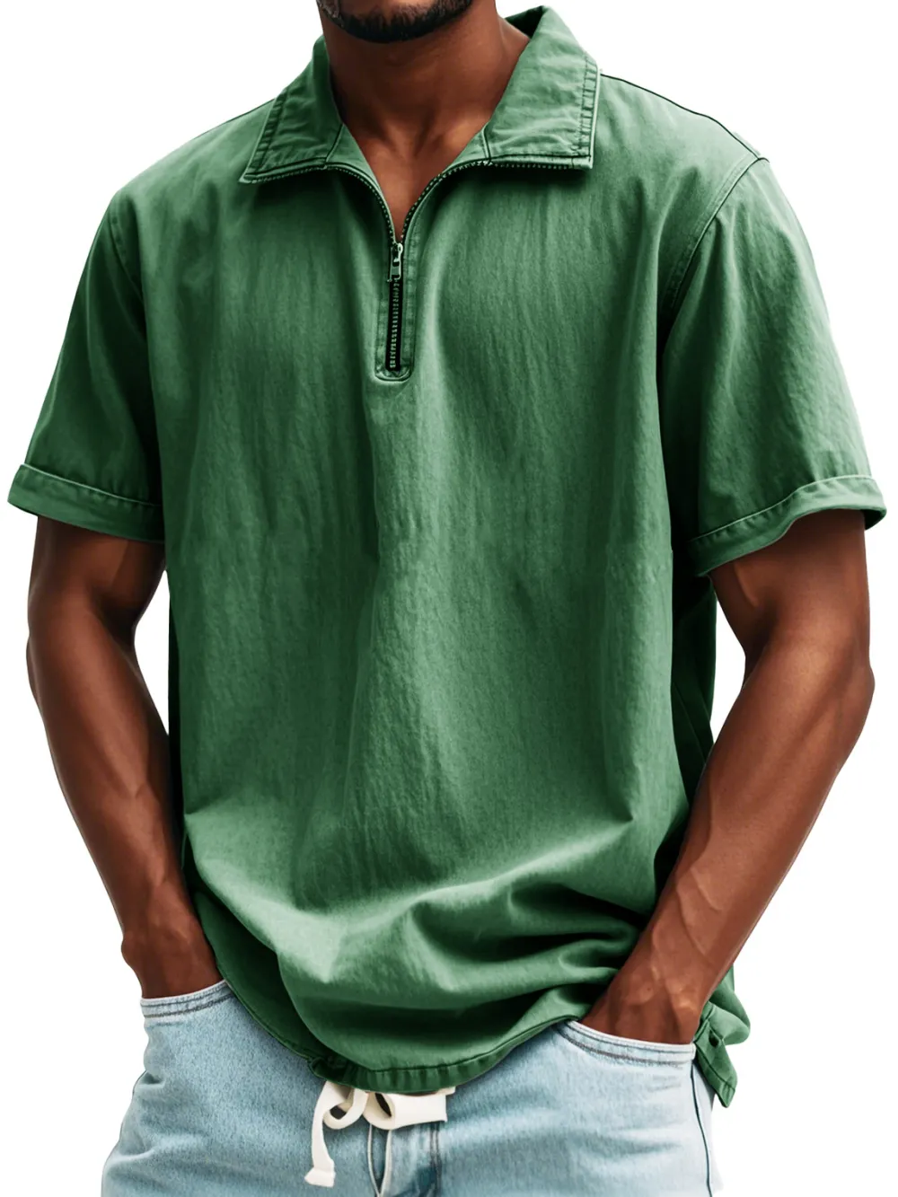 Relaxed Short Sleeve Stand Collar Zip Front Shirt