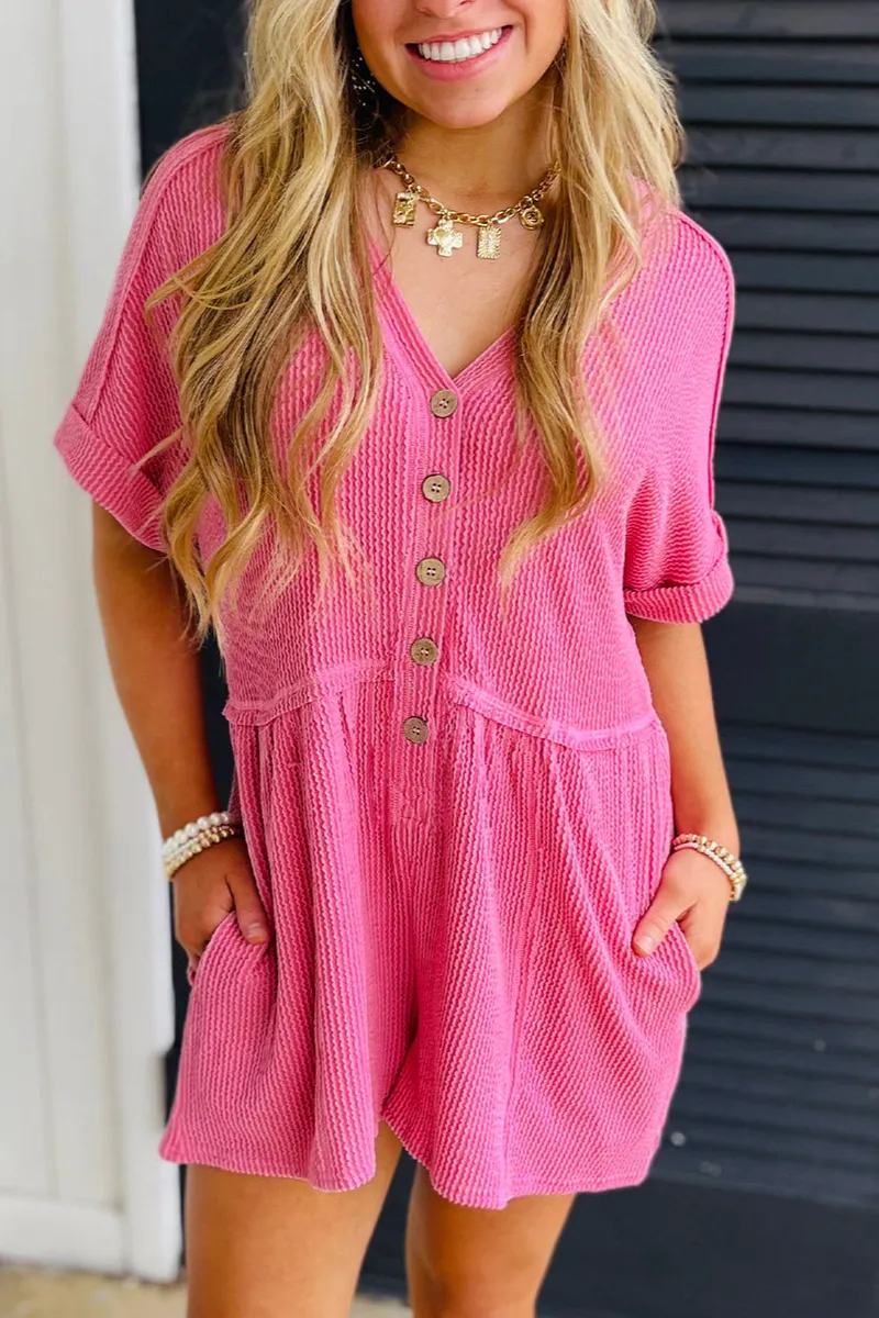 Spiral Ribbed Short Sleeve V Neck Buttoned Romper With Pocket