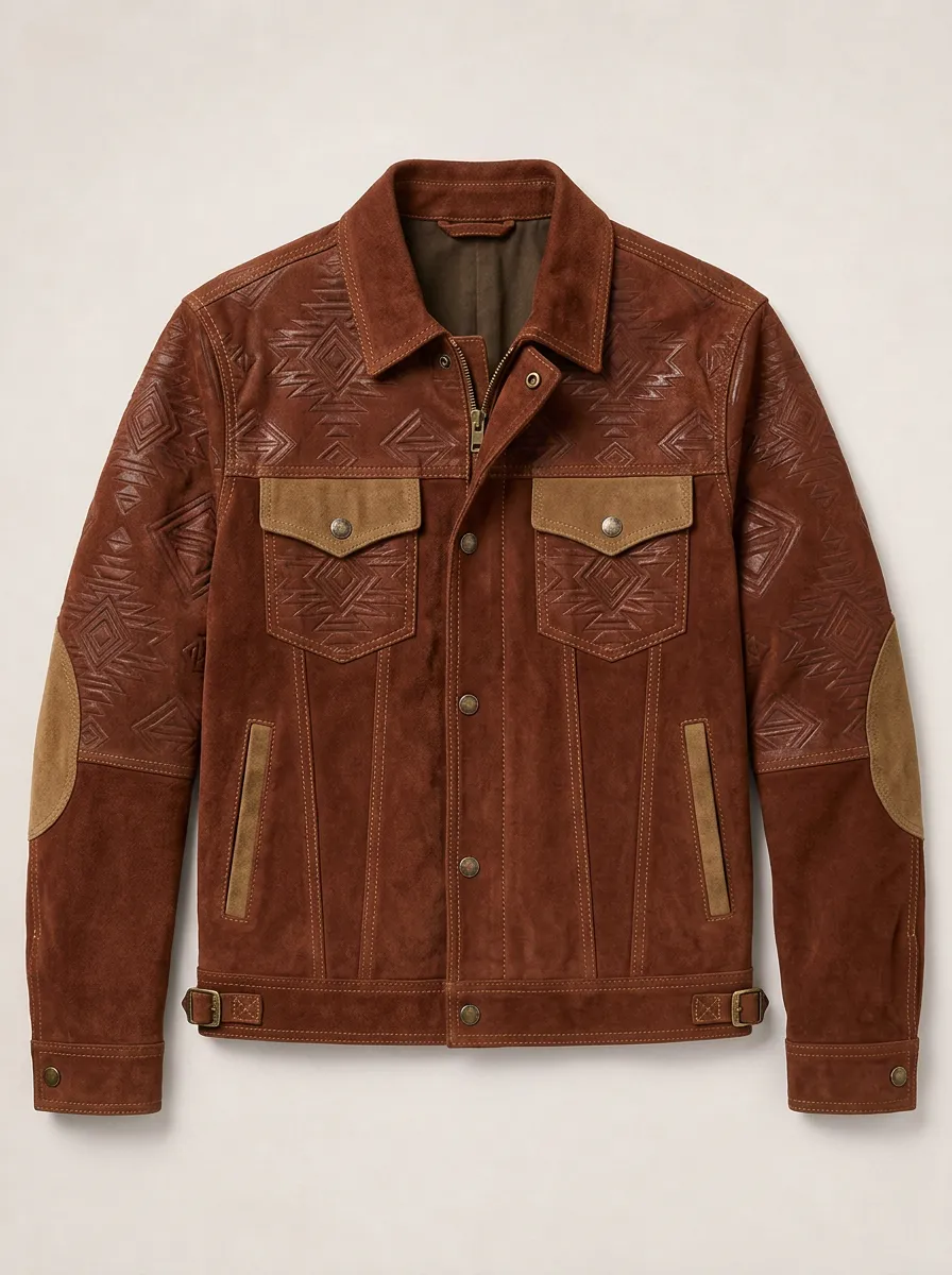 Men's Western Tribal Pattern Embossed Suede Printed Jacket
