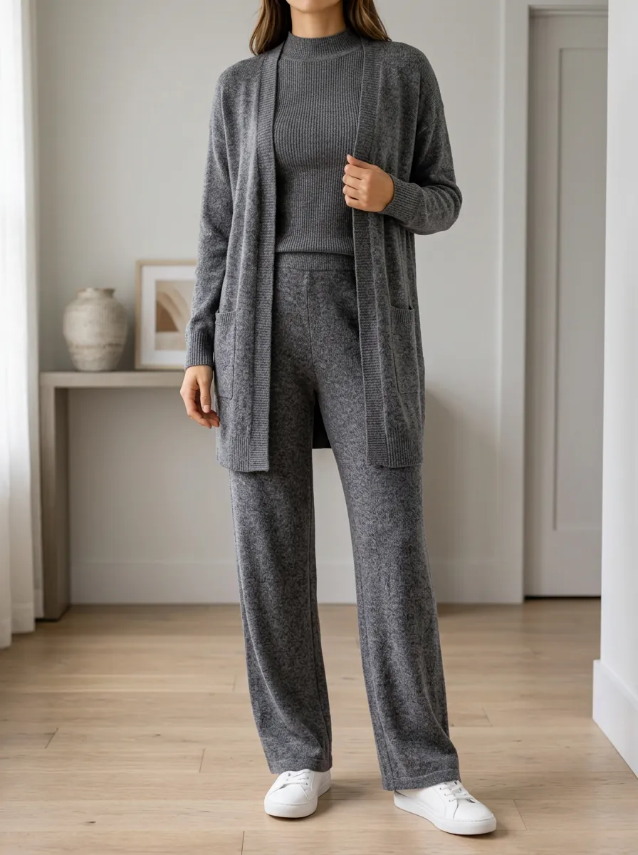 Women's Effortless Layering Knit Cardigan Tank Top And Wide Leg Pants Matching Set