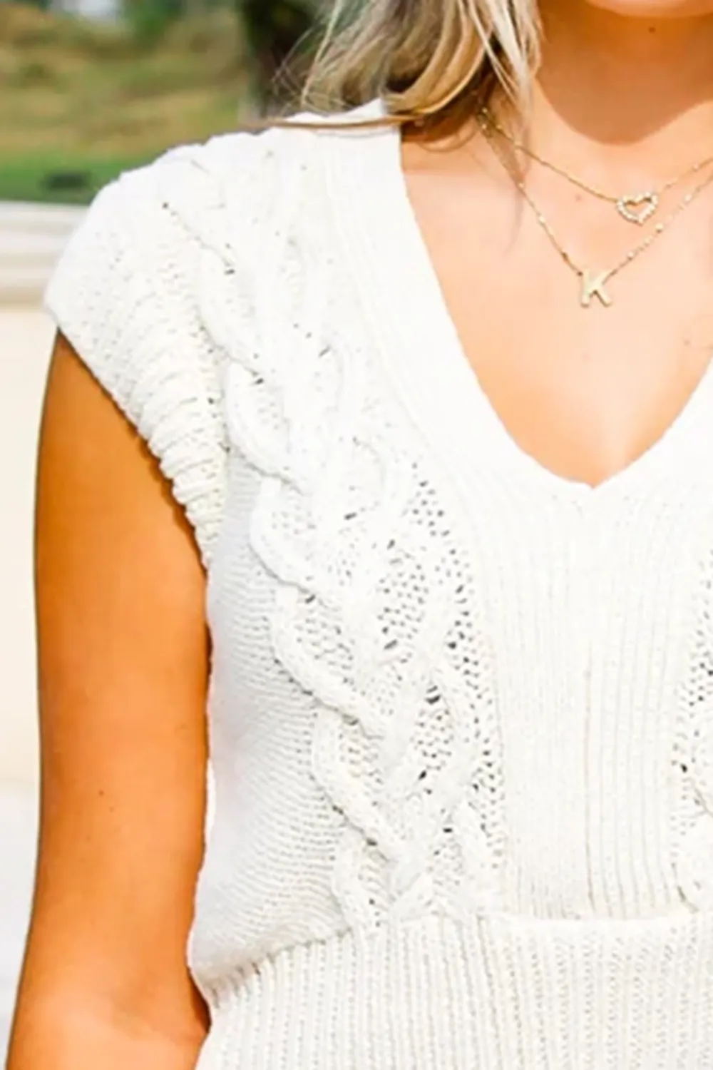 V-Neck White Twisted Knit Vest