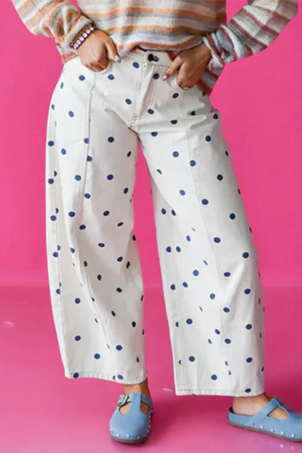 Polka Dot Relaxed Fit Barrel Leg Cropped Casual Jeans