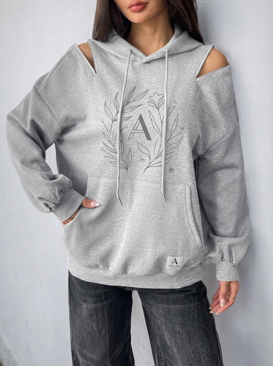 Women's Floral Initial A Monogram Printed Cold Shoulder Hoodie