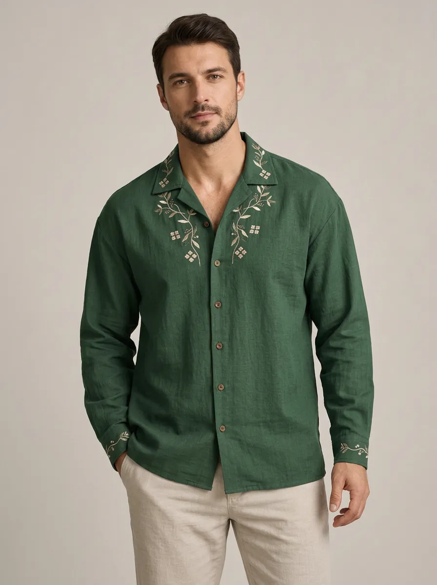 Men's Artful Linen Floral Embroidered Shirt