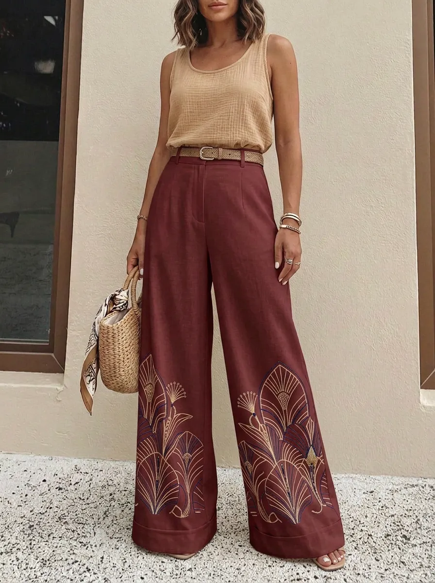Women's Art Deco Floral Botanical Patterned High-Waisted Wide-Leg Pants