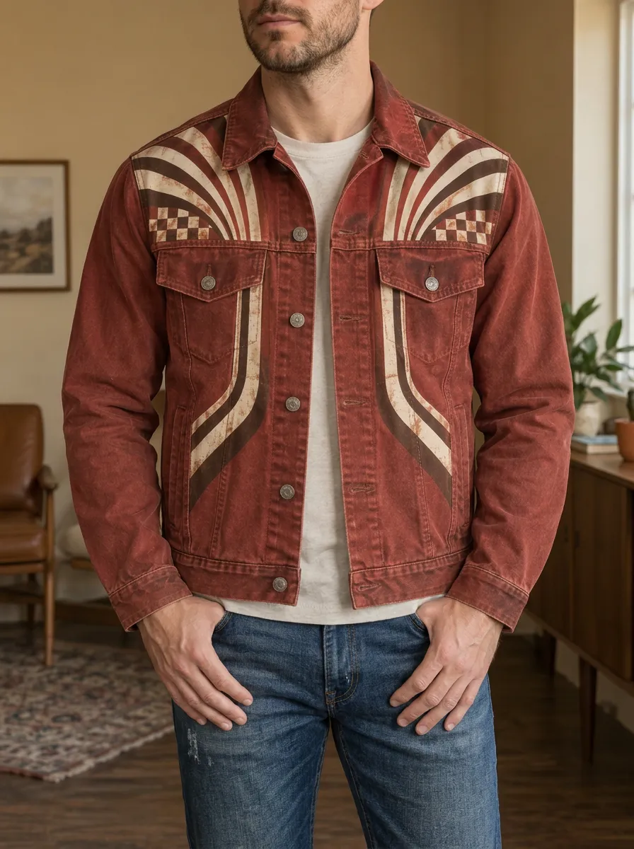 Men's Vintage Retro Striped Checkerboard Printed Denim Jacket
