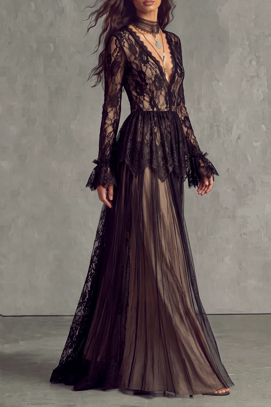 Plunge Neck Lace Maxi Dress
