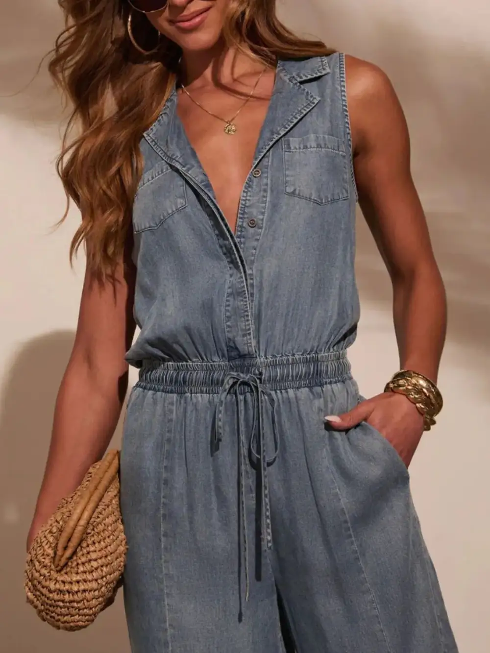 Sleeveless Drawstring Waist Washed Jumpsuit Denim Pants