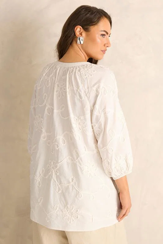 Ivory White Floral Embroidered Cotton Blouse detail 3
