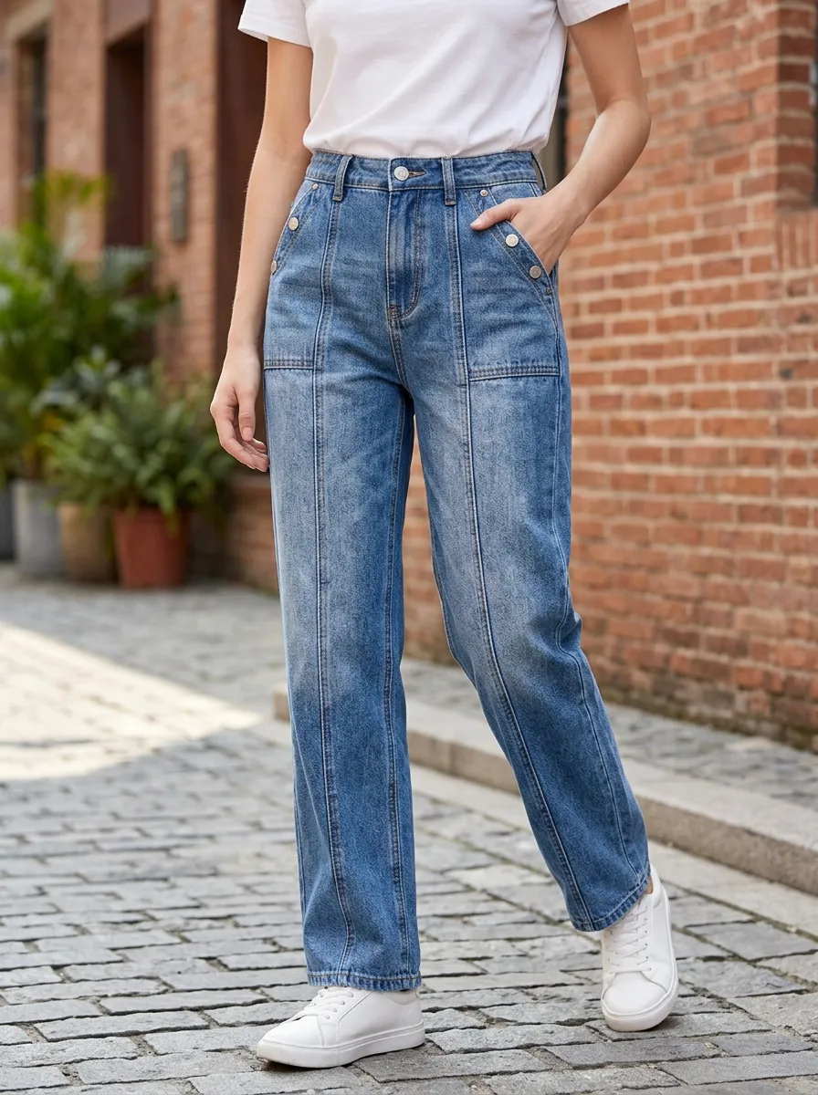 Women's Casual High-waisted Seamed Straight Leg Denim Pants