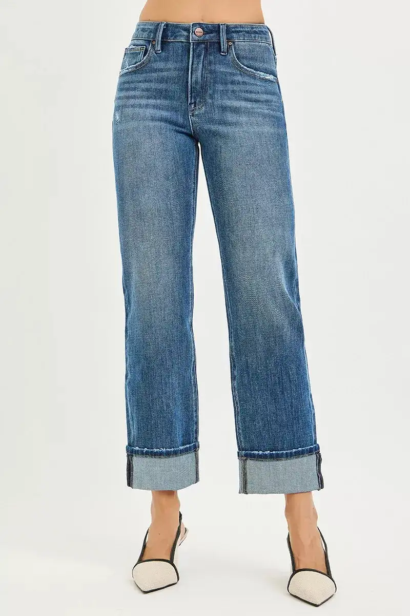 Straight Leg Stretch Cuffed Denim Jeans