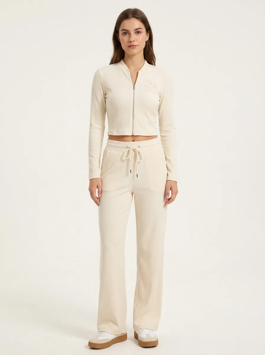 Women's Casual Lounge Floral Embroidered Ribbed Zip-Up Tracksuit