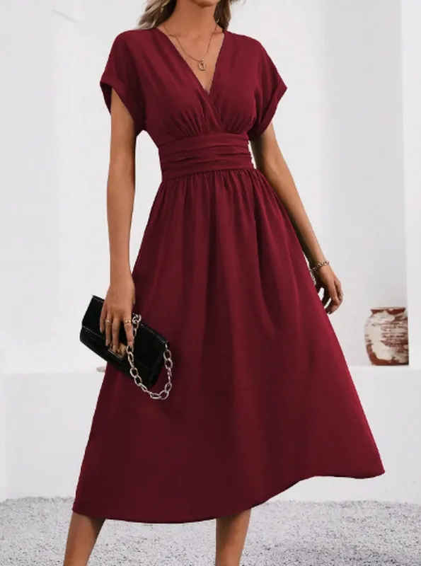 V-neck Pleated Waist Midi Dress