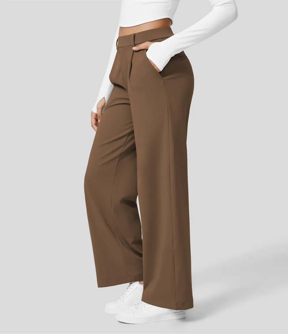 2026🔥  High Waisted Plicated Side Pocket Straight Leg Work Pants