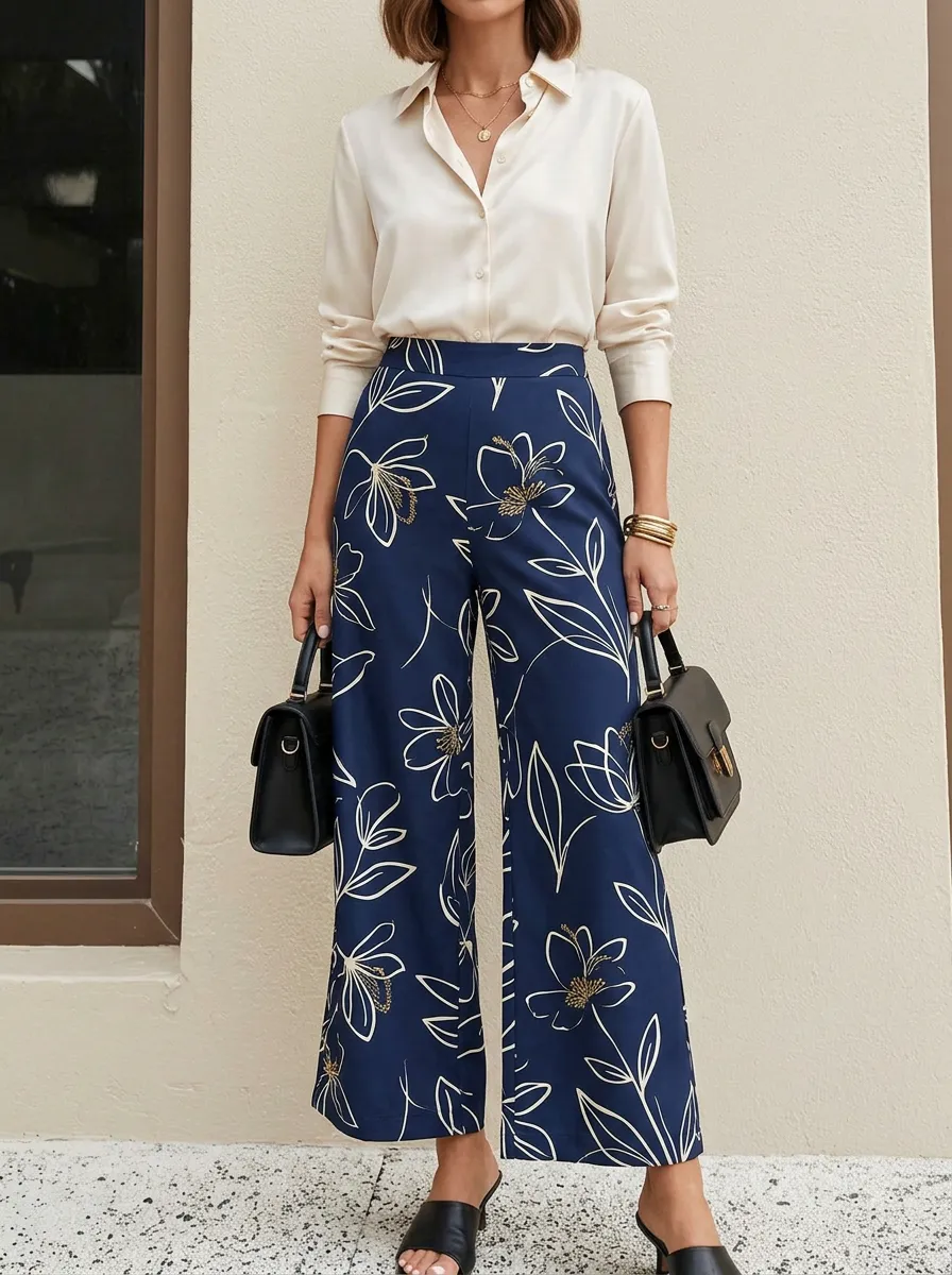 Women's Floral Botanical Navy Blue Patterned High-Waist Wide-Leg Pants