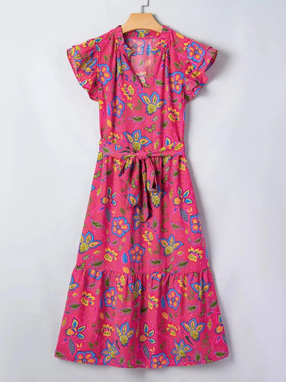 Comfort Fit Floral Tie Waist Flutter Sleeve Dress