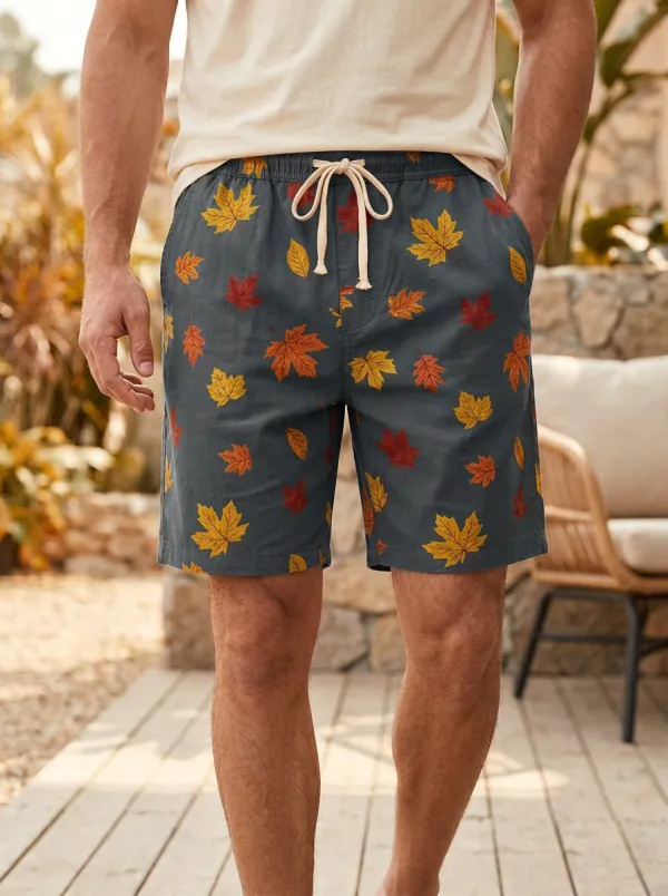 Tan Maple Leaf Print Elastic Waist Shorts
