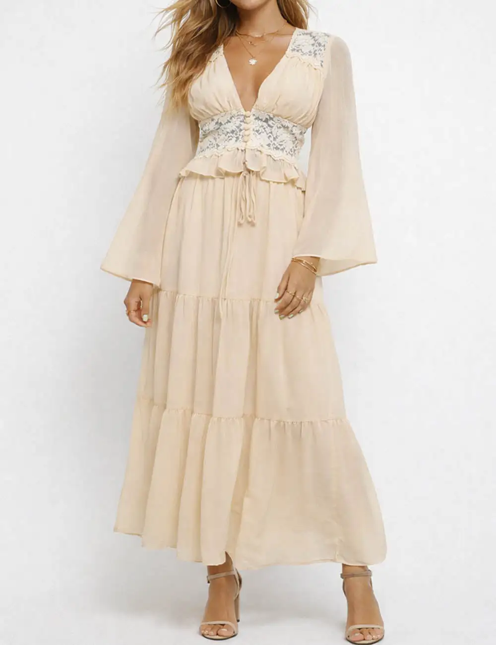 Boho Chiffon Lace Panel Flared Sleeves Blouse and Maxi Skirt Set