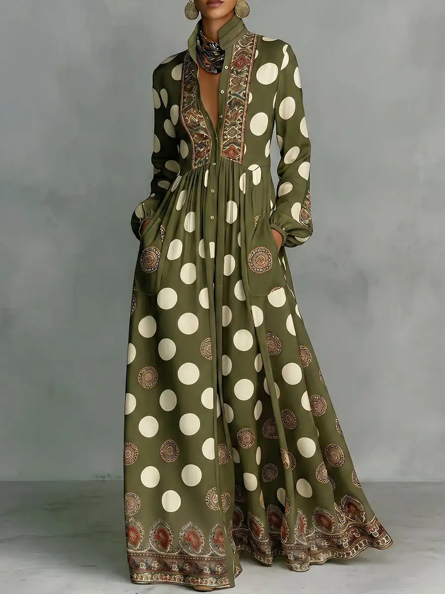 Pleated Polka Dot Buttoned Long Maxi Dress