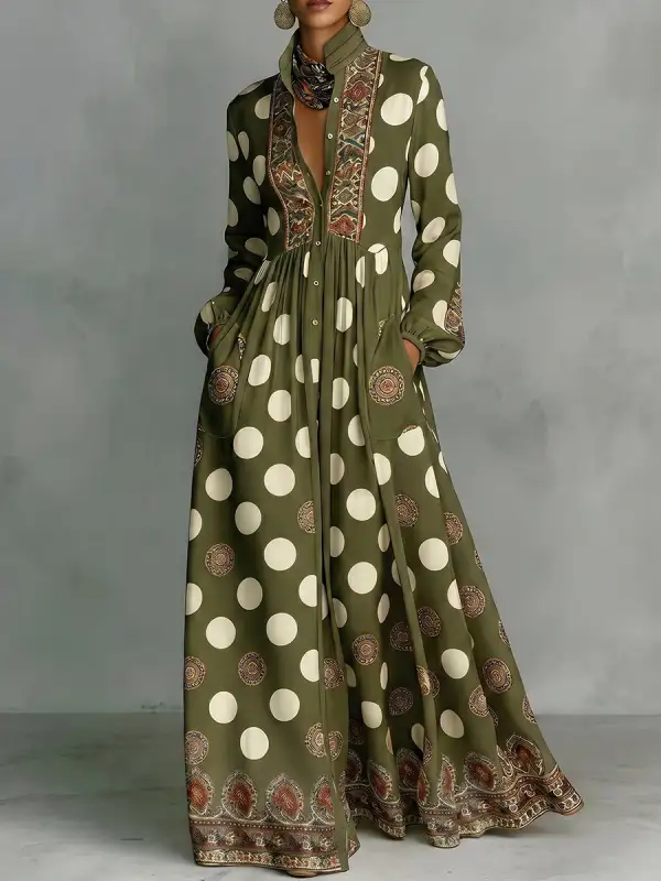 Pleated Polka Dot Buttoned Long Maxi Dress
