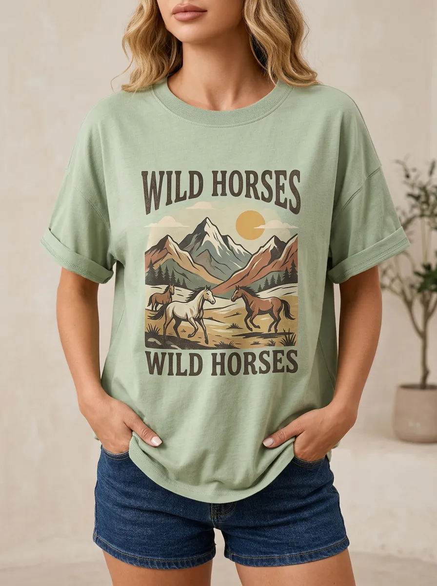 Women's Horse Mountain Landscape Printed T-Shirt