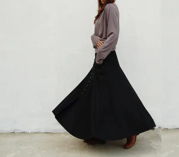 Relaxed Pleated Wool A Line Maxi Skirt