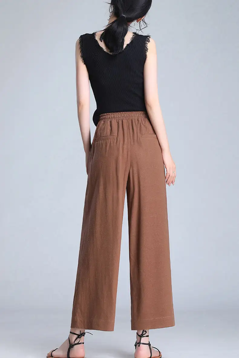 Structured Linen Wide Leg Elastic Waist Pocketed Trousers