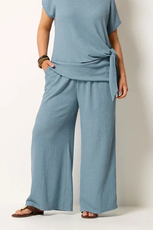 Blue Wide Leg Textured Trousers
