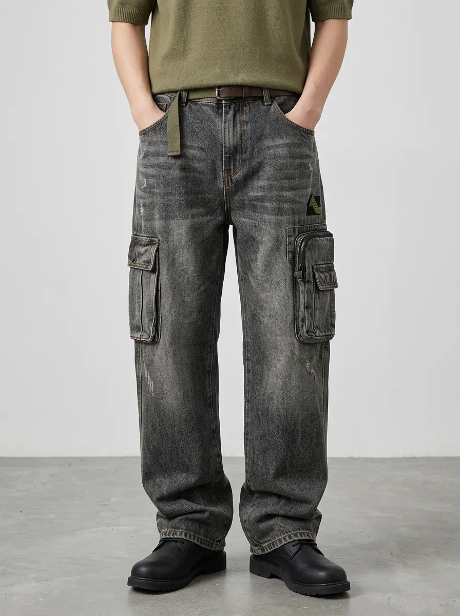 Men's Streetwear Washed Denim Multi-Pocket Cargo Pants