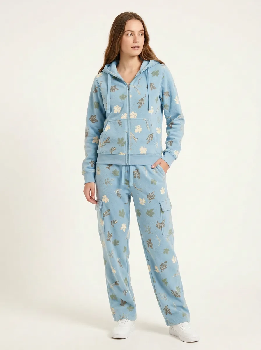 Women's Leaf Print Zip-Up Hoodie And Cargo Jogger Set