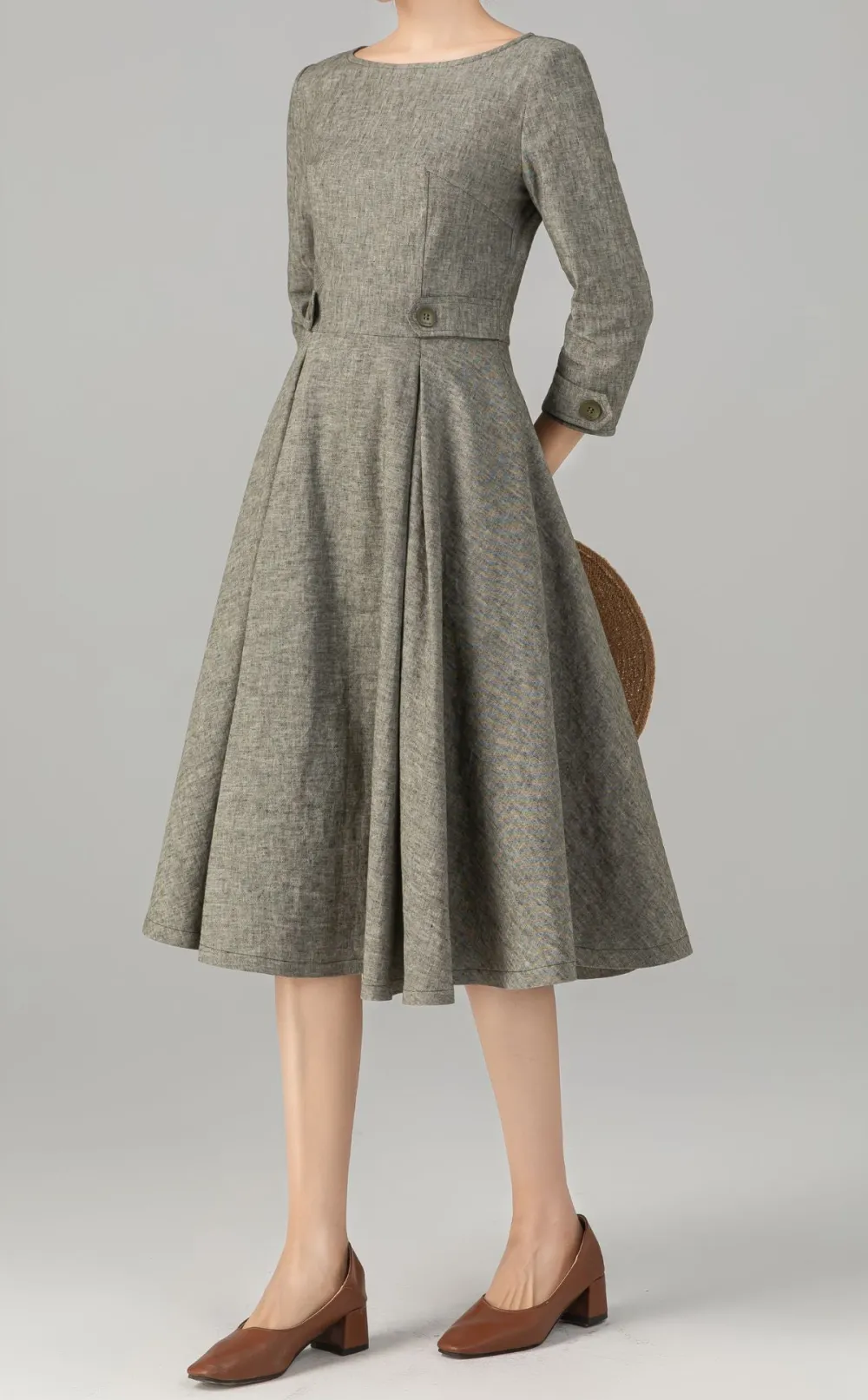 Refined Linen Cotton A Line Three Quarter Sleeve Midi Dress