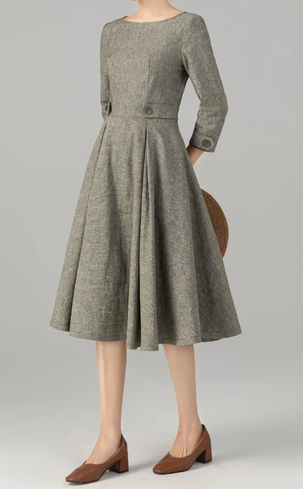 Refined Linen Cotton A Line Three Quarter Sleeve Midi Dress