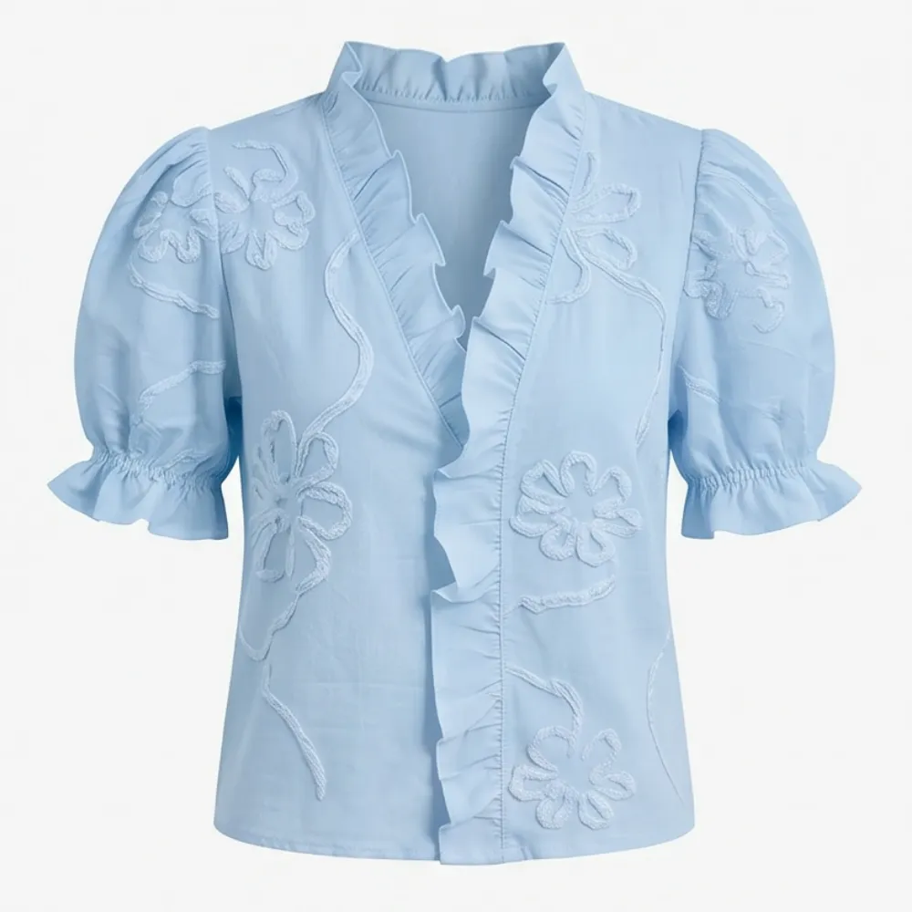 Ruffled V Neck Puff Sleeve Blouse