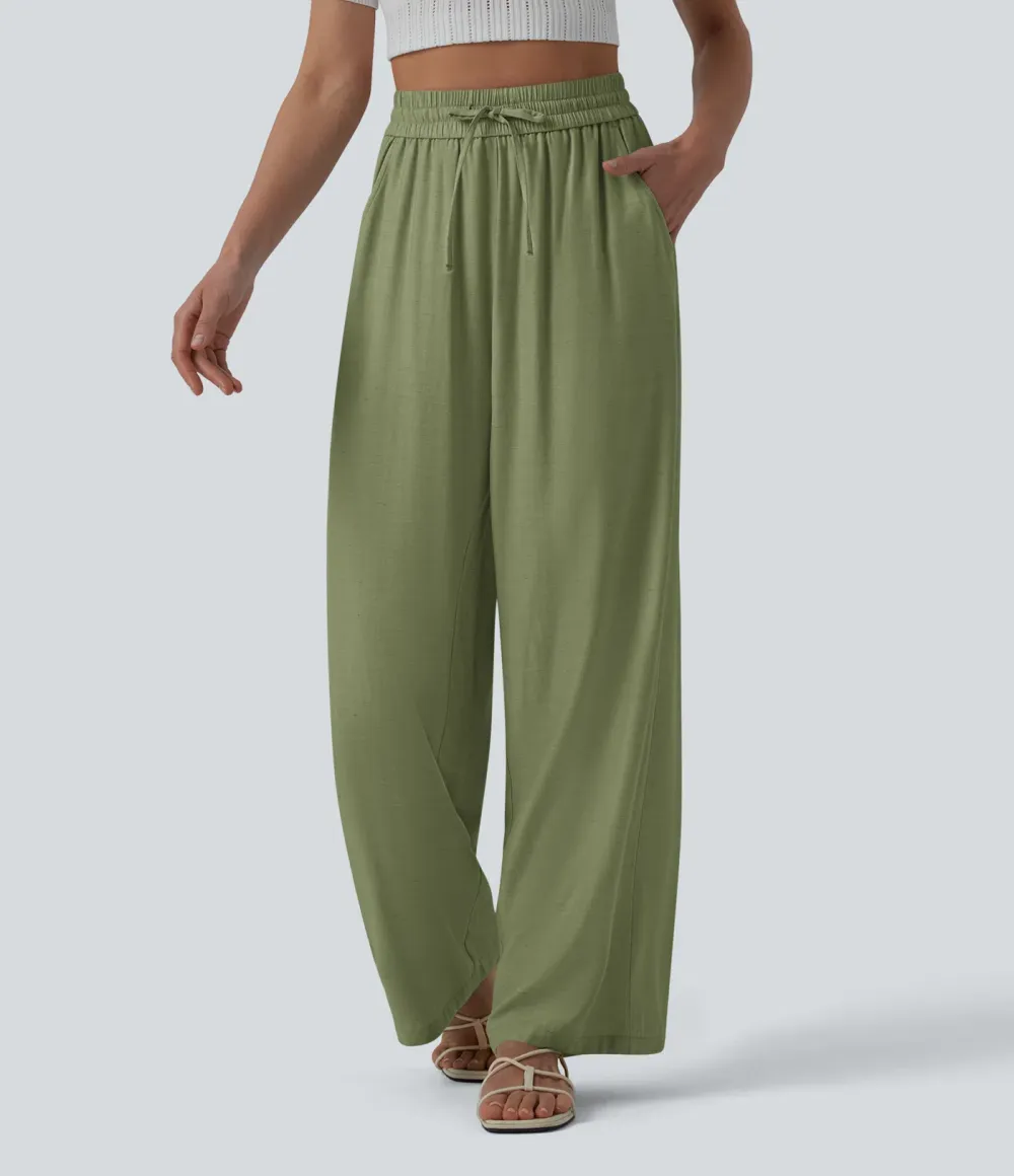 2026🔥High Waisted Drawstring Wide Leg Casual Linen-Blend Trousers with Pockets