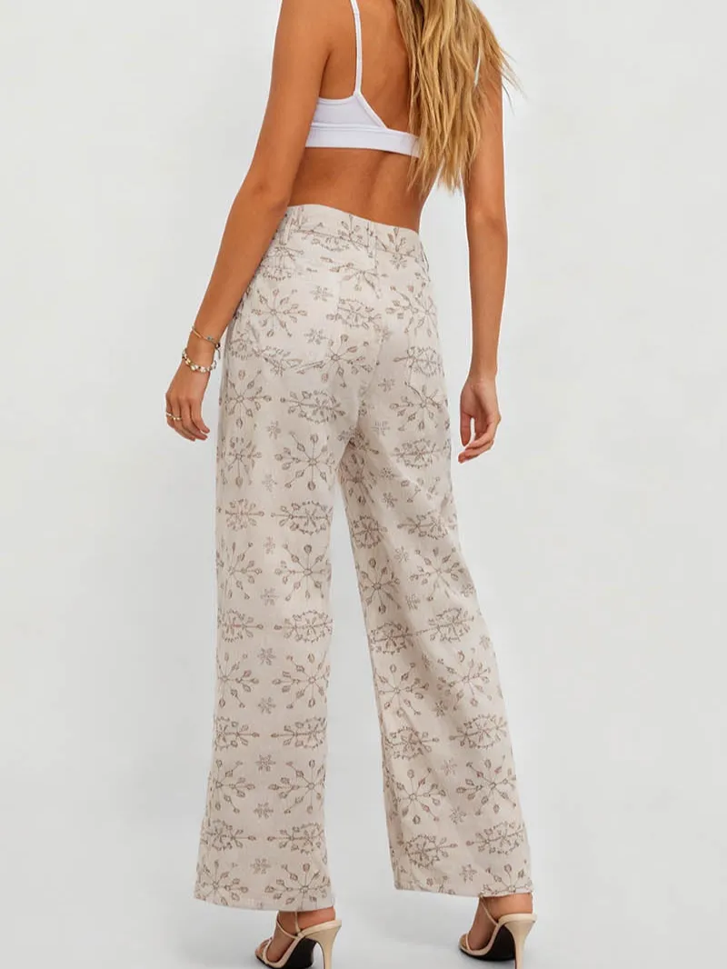 Geometric Jacquard Button Front Wide Leg Denim Pants