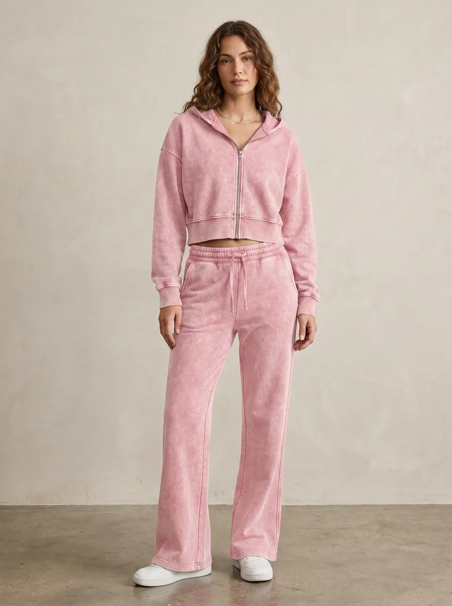 Women's Mineral Wash Sport Inspired Cropped Hooded Jacket and Flare Pants Active Set