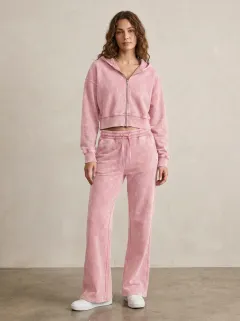 Women's Mineral Wash Sport Inspired Cropped Hooded Jacket and Flare Pants Active Set