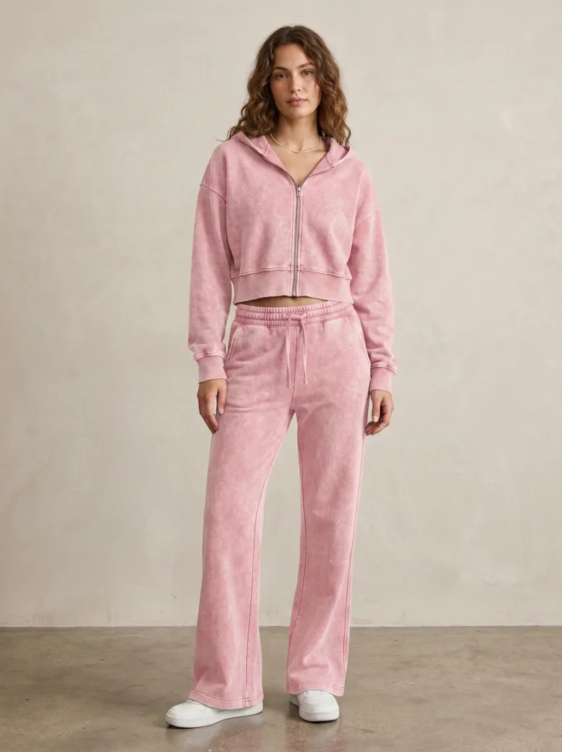 Women's Mineral Wash Sport Inspired Cropped Hooded Jacket and Flare Pants Active Set