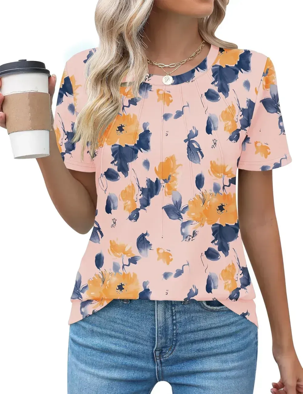 Kistore Womens Casual Crew Neck Short Sleeve Pleated Tops Blouses Fashion Clothes 2024
