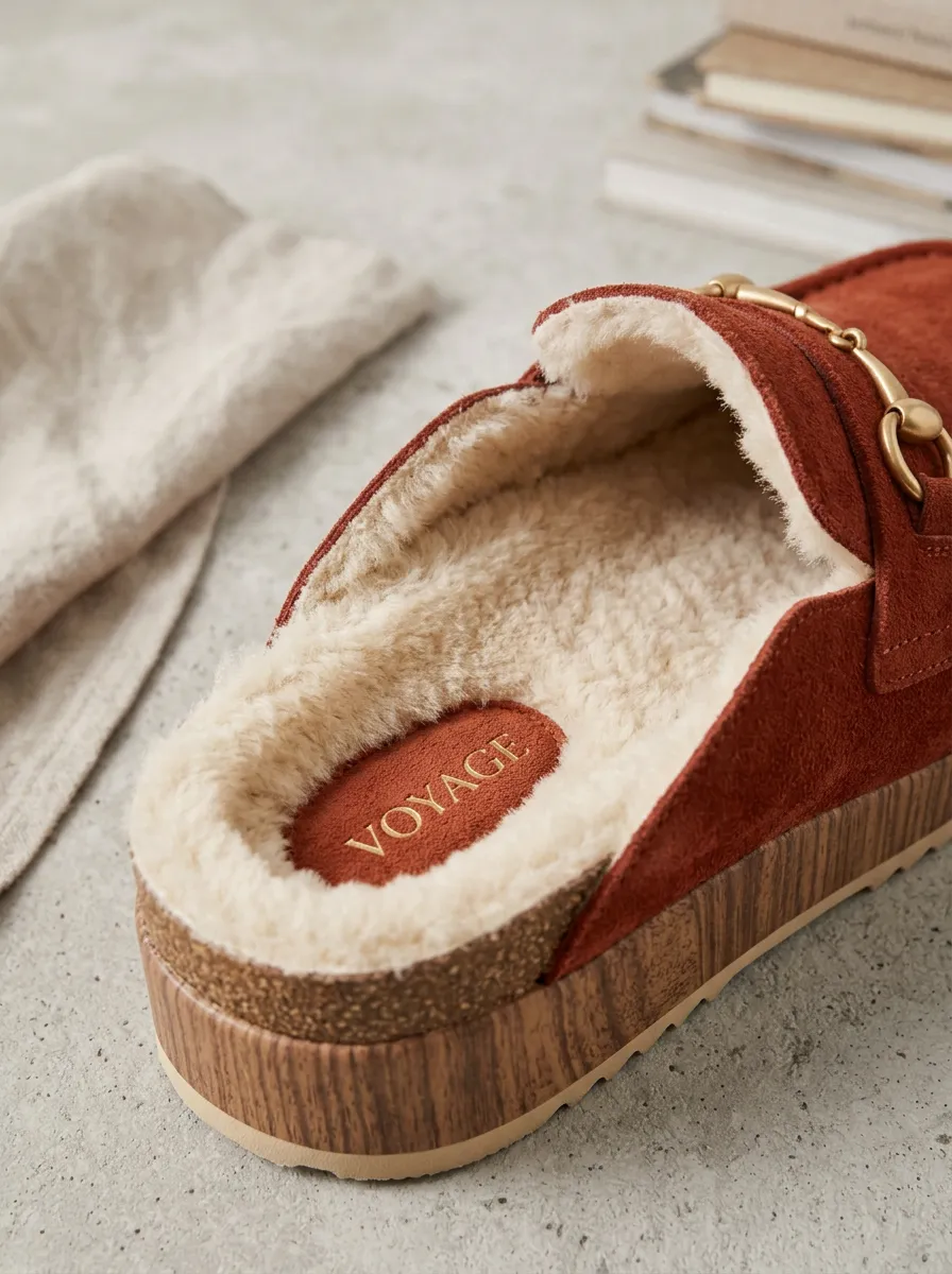 Women's Utility Faux Fur Lined Metal Detail Platform Suede Wood Sole Loafers