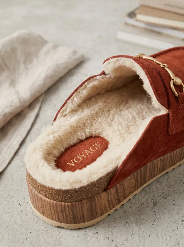Women's Utility Faux Fur Lined Metal Detail Platform Suede Wood Sole Loafers