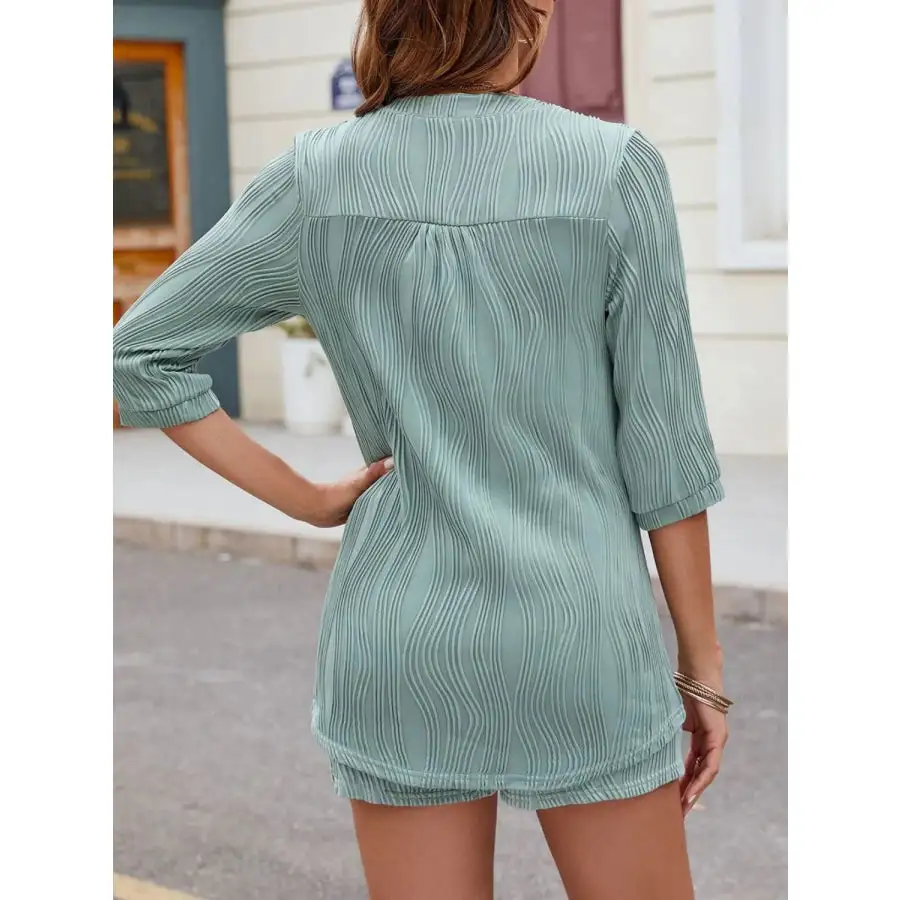 Textured Notched Top and Drawstring Shorts Set