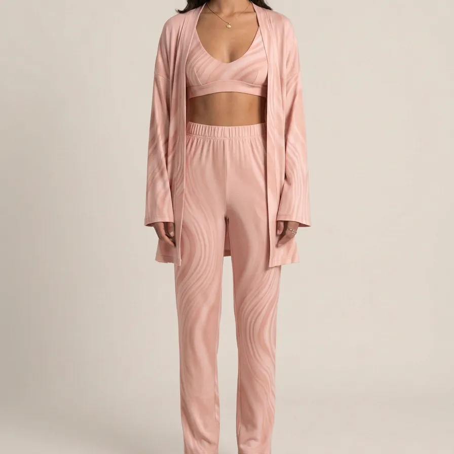 Wavy Open Front Cardigan Lounge Set
