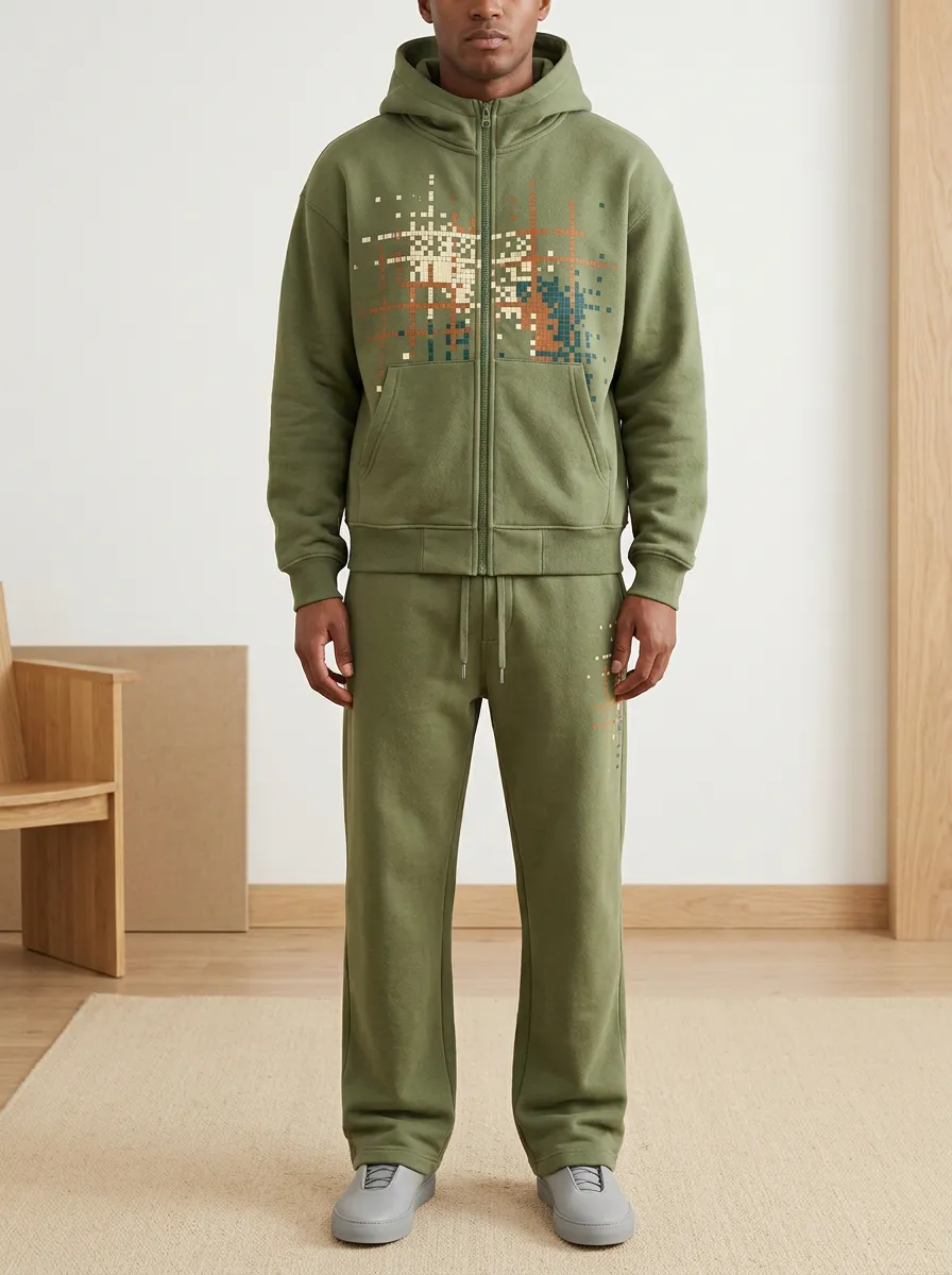 Men's Techwear Pixel Grid Printed Zip-up Hoodie Sweatpants Set