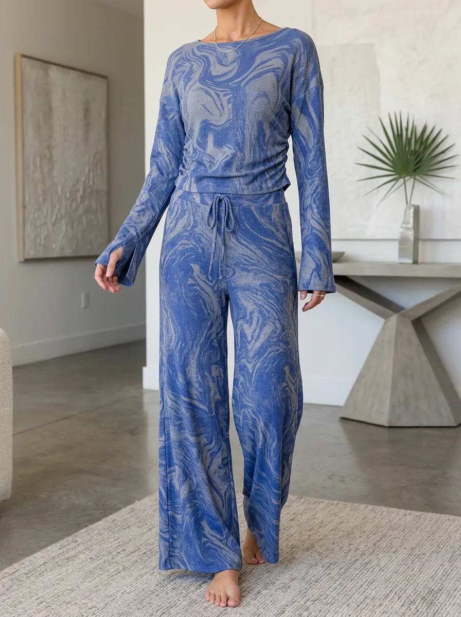 Women's Contemporary Lounge Marble Pattern Patterned Long Sleeve Wide Leg Pants Set